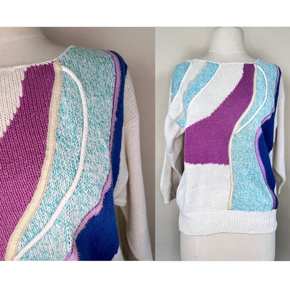 vintage 80s abstract applique sweater | white knit art jumper | top blouse 1980s